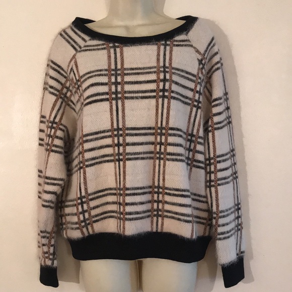 Evereve Peyton Jensen Fuzzy Plaid Eyelash Sweater Women's S White Black Metallic - Picture 2 of 7